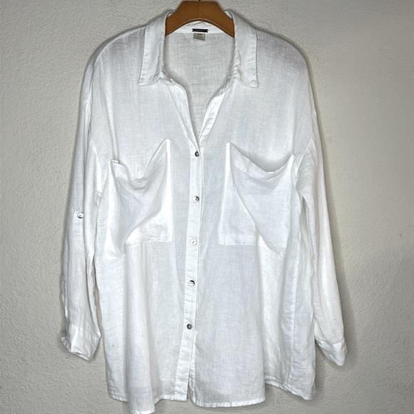 Magaschoni 100% Linen Oversized Roll Tab Sleeve Collared Button Up Top White MED - Picture 1 of 9